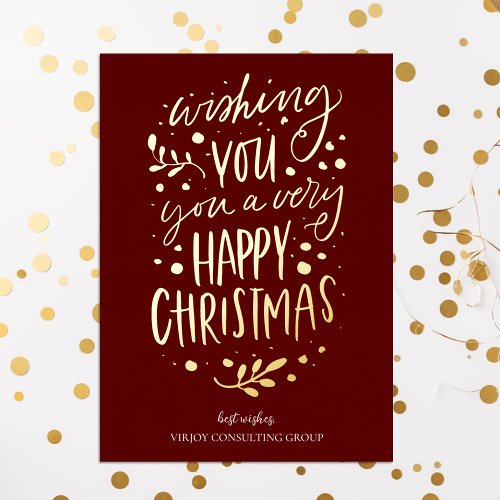 Wish You Merry Christmas Red Gold Script Business Foil Holiday Card