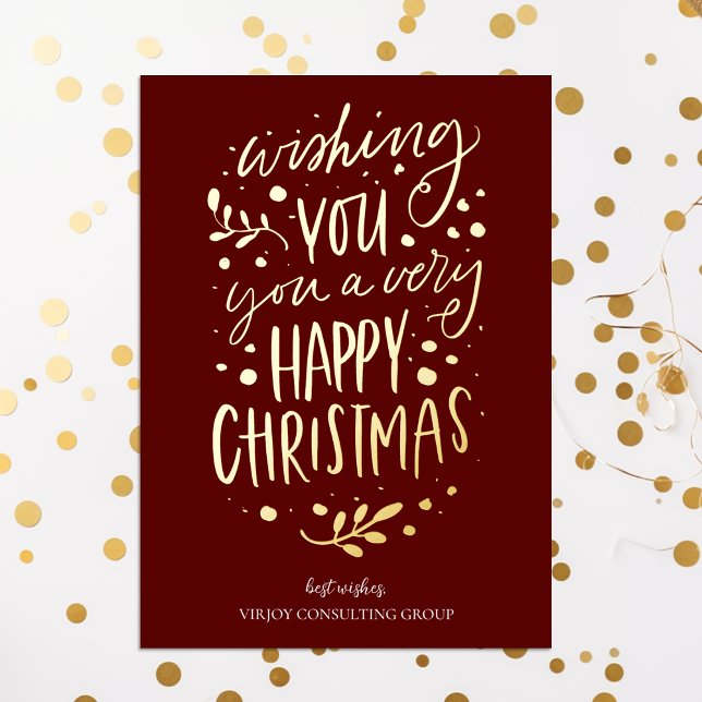 Wish You Merry Christmas Red Gold Script Business Foil Holiday Card (Creator Uploaded)