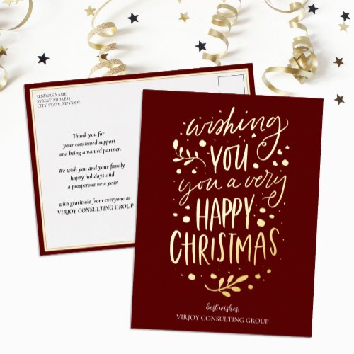 Wish You Merry Christmas Red Gold Script Business Foil Holiday Postcard