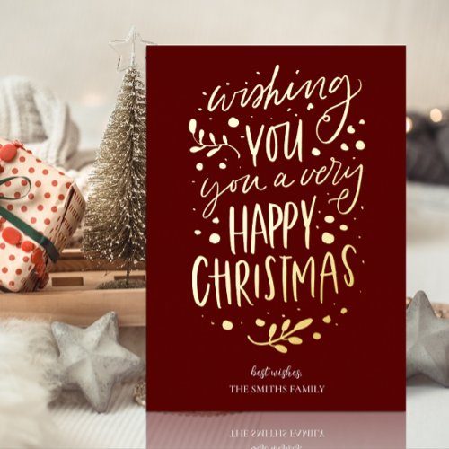 Wish You Merry Christmas Red Gold Script Non Photo Foil Holiday Card