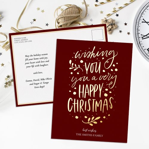 Wish You Merry Christmas Red Gold Script Non Photo Foil Holiday Postcard