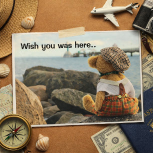 Wish you was here teddy bear postcard