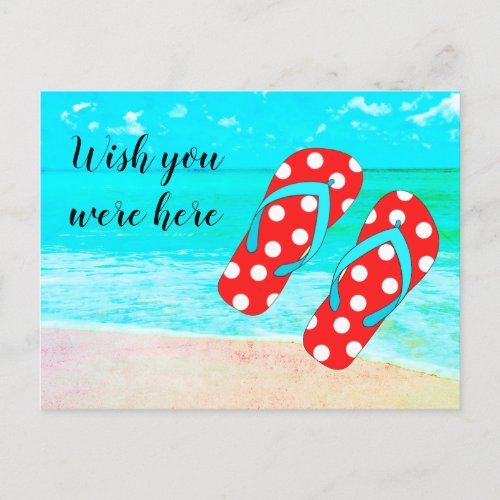 Wish You Were Here Red Flip Flops Beach Vacation Postcard