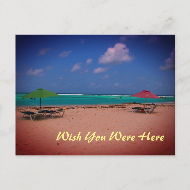 Wish You Were Here  red green umbrellas Barbados Postcard (Front)