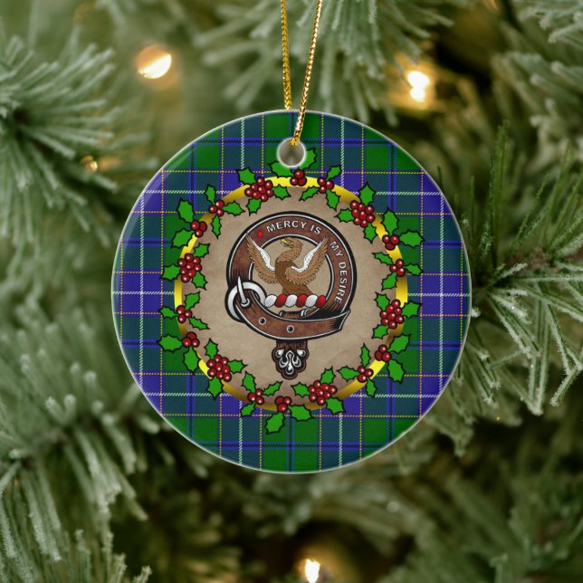 Wishart Clan Badge & Tartan Personalized Christmas Ceramic Ornament (Tree)