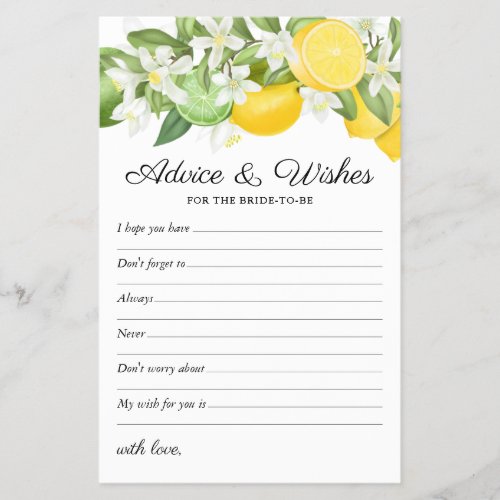 Wishes & Advice Citrus Greenery Bridal Shower - Make your citurs themed bridal shower one to remember with this elegant "advice & wishes" bridal party templates! Featuring lush watercolor summer lemons, limes & green foliage, and a text template that can be customized. To edit a design in more detail, click personalize this template, and then scroll down to customize further!