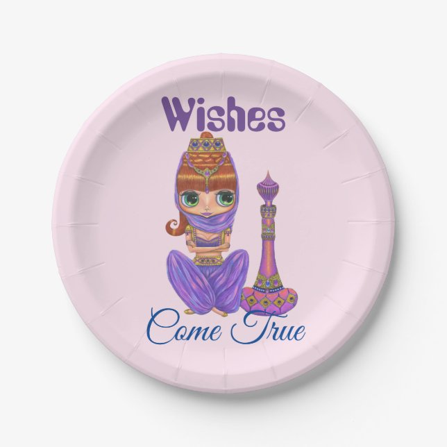 Wishes Come True Purple Genie Girl Magic Bottle Paper Plates (Front)