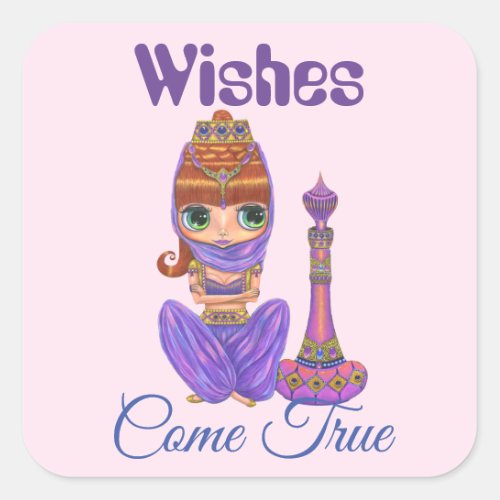 Wishes Come True Purple Genie Girl Magic Bottle Square Sticker