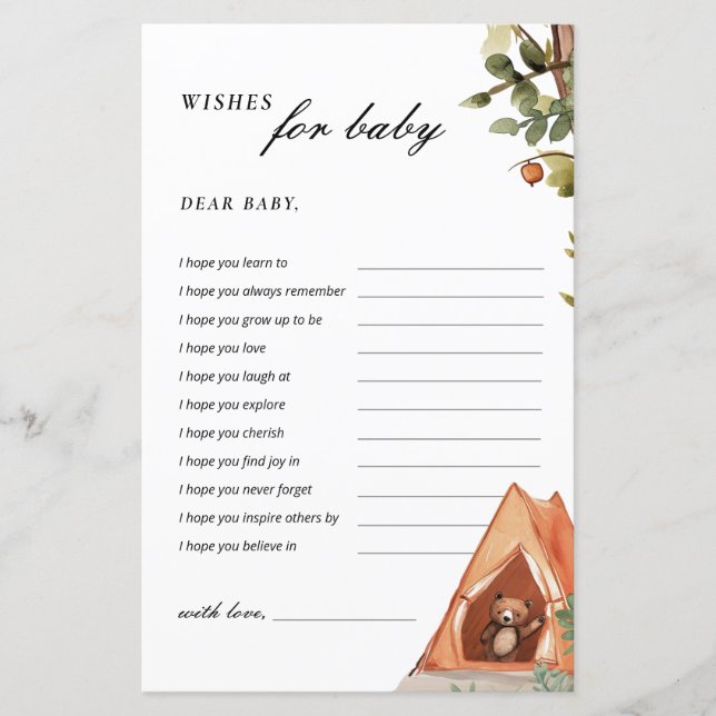 Wishes for Baby Bear Camper Baby Shower Game (Front)