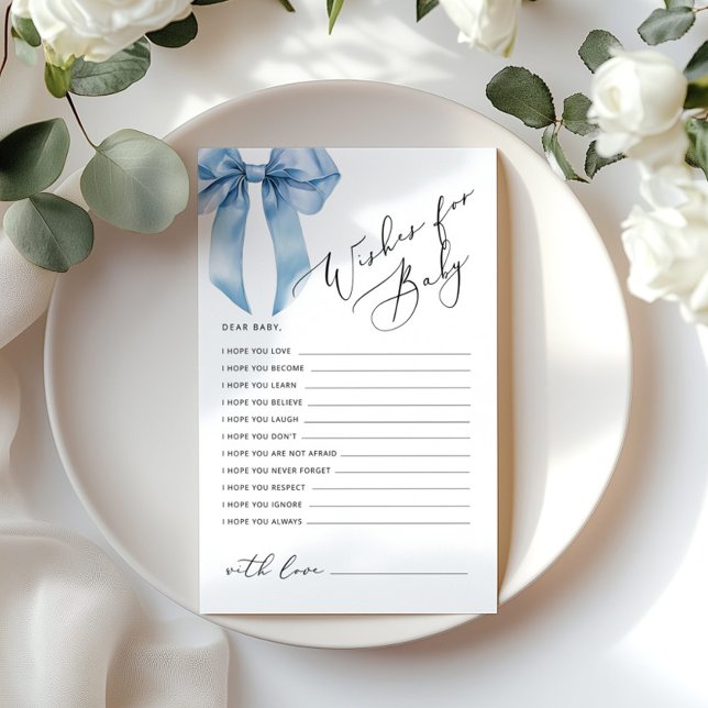 Wishes for baby Blue Bow Baby shower card (Creator Uploaded)