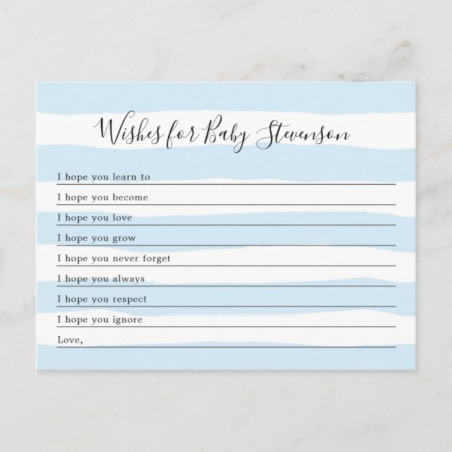 Wishes for Baby, blue stripe boy baby shower Postcard (Front)