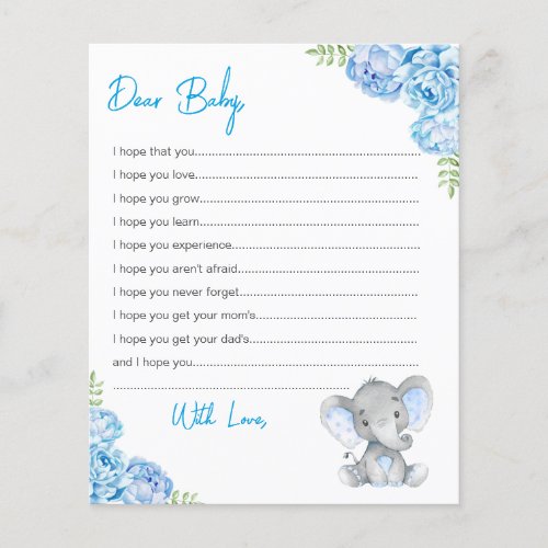 Wishes for Baby Cards Blue Boy Elephant Shower