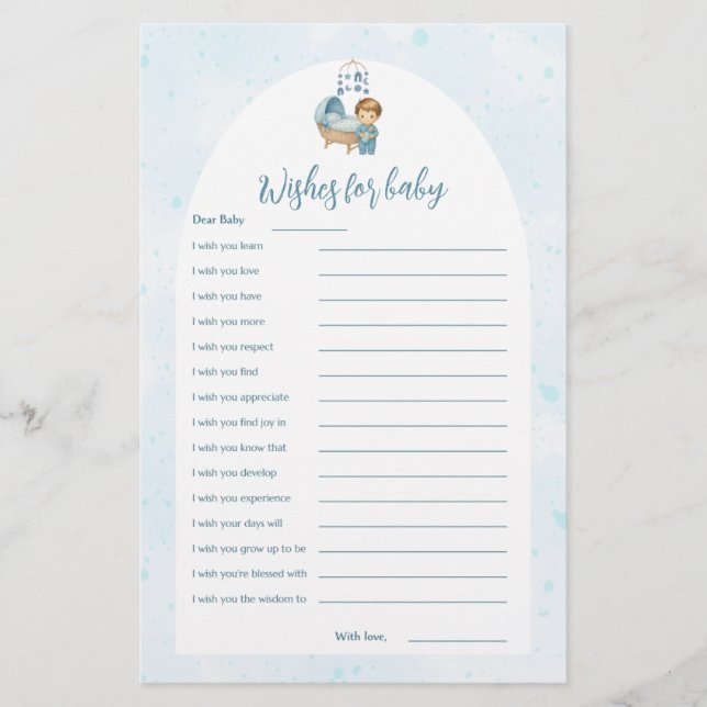 Wishes for baby Cute Boy Blue Baby Shower Card  (Front)