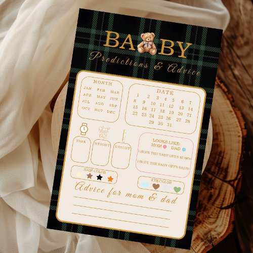 Wishes for Baby Game Card Green Plaid Teddy Bear