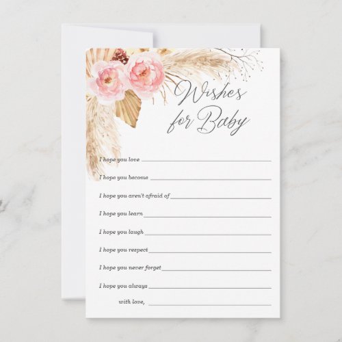 Wishes for baby girl Boho pink Floral pampas Advice Card