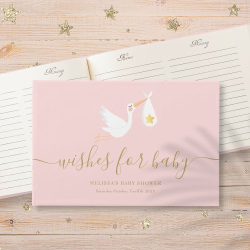 Wishes for Baby Girl Pink Stork Star Baby Shower Guest Book