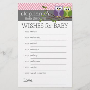 Wishes For Baby Shower Games Pink Cute Owls Girl by MarshBaby at Zazzle