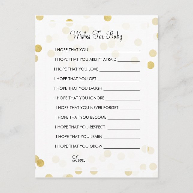 Wishes For Baby Shower Gold Foil Glitter Lights Advice Card (Front)