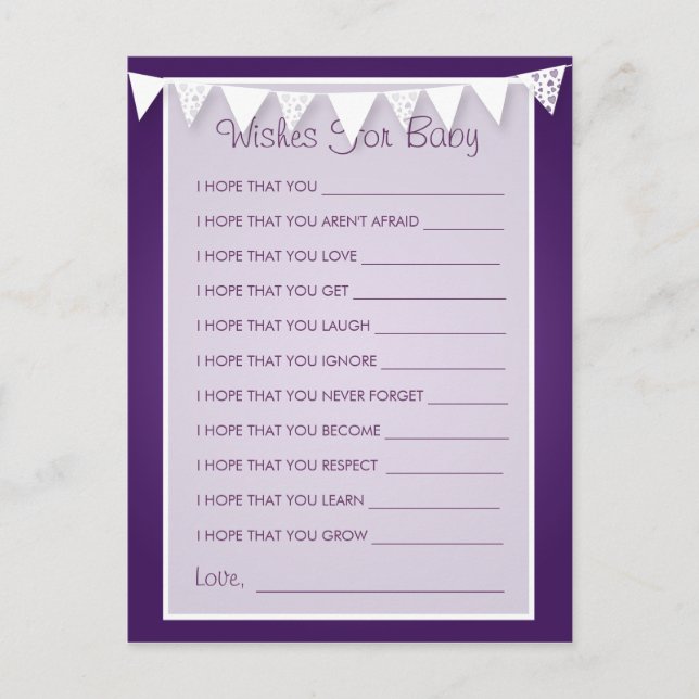 Wishes For Baby Shower Love Bunting  Purple Advice Card (Front)