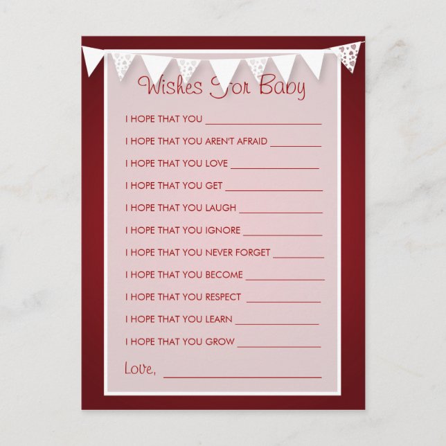 Wishes For Baby Shower Love Bunting  Red Advice Card (Front)
