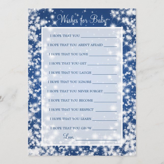 Wishes For Baby Shower Winter Sparkle Blue Advice Card (Front)