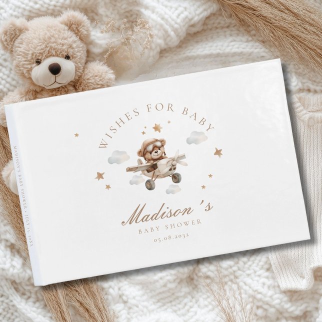Wishes for Baby! Teddy Bear & Airplane Guest Book (Personalized "Wishes for Baby!" Baby Shower, White Guest Book. For Baby Boy and Girl.)