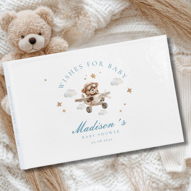 Wishes for Baby! Teddy Bear & Airplane Guest Book (Personalized "Wishes for Baby!" Baby Shower, White Guest Book. For Baby Boy.)