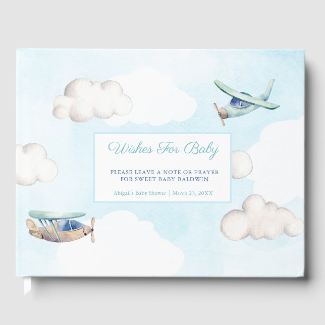 Wishes For Baby Toy Airplanes Clouds Baby Shower Guest Book (Front)