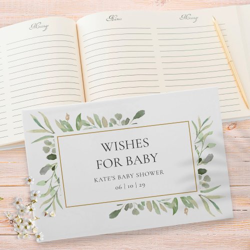 Wishes for Baby Watercolour Greenery Gold Shower Guest Book