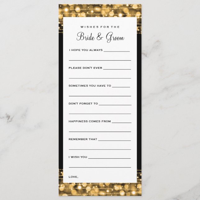 Wishes For Bride And Groom Party Sparkles Gold Advice Card (Front)