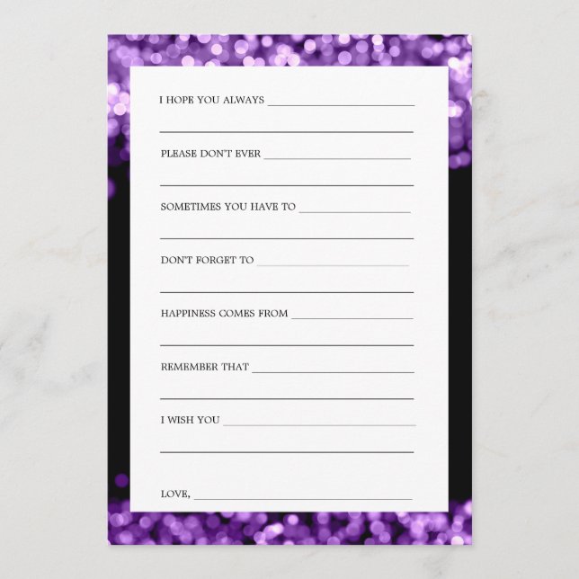 Wishes For Bride And Groom Purple Lights Advice Card (Front)