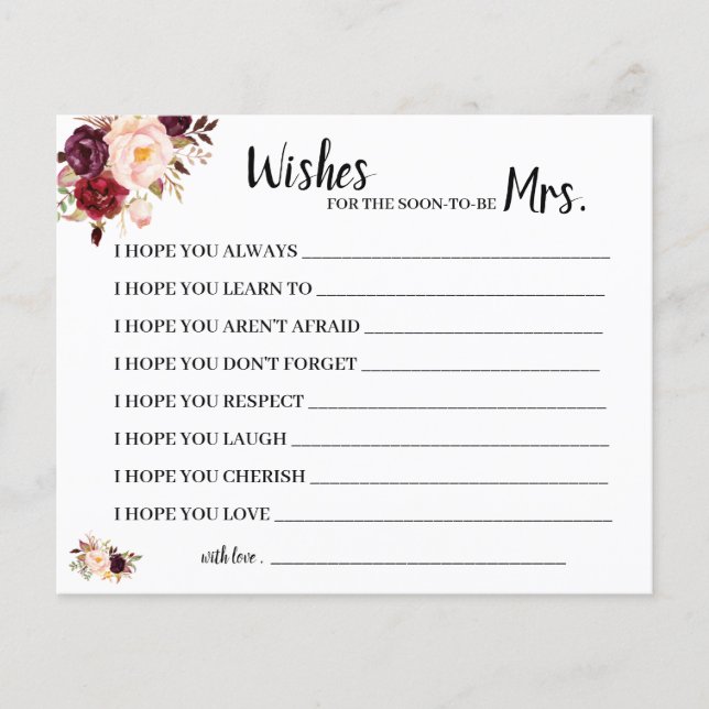 wishes for Soon to be Mrs Marsala Shower Card Flyer (Front)