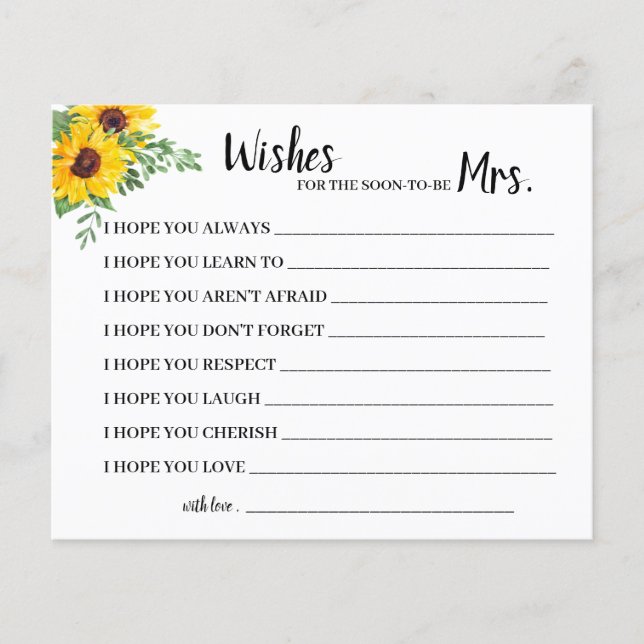 wishes for Soon to be Mrs Sunflowers Shower Card Flyer (Front)