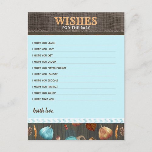 Wishes For The Baby Fall Pumpkin Boys Baby Shower  Postcard