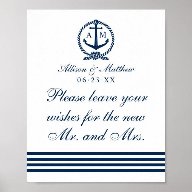 Wishes For the Mr and Mrs Navy Nautical Wedding Poster (Front)