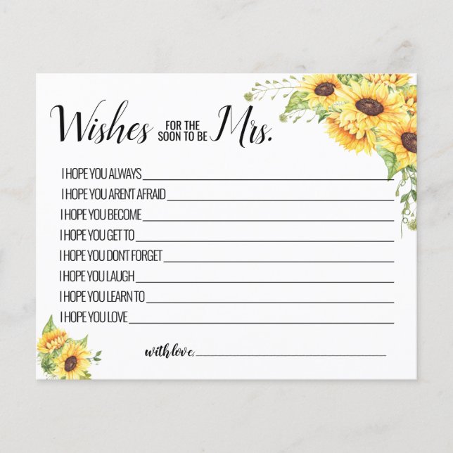 Wishes for the Soon to be Mrs sunflower card (Front)