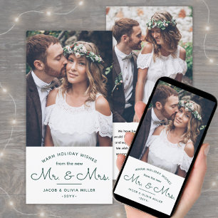 Wishes From New Mr & Mrs - Christmas 2 Photo Green Holiday Card