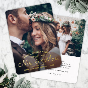Wishes From New Mr & Mrs - Two Wedding Photos Xmas Foil Holiday Card