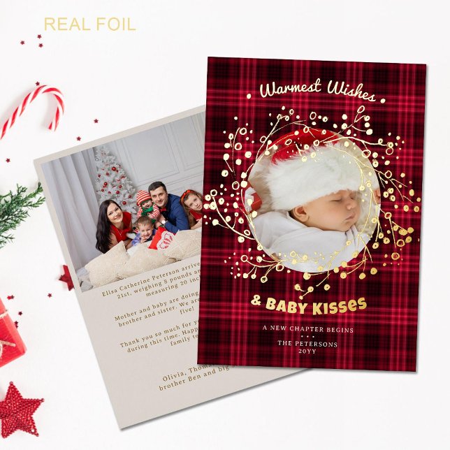 Wishes Kisses Cozy Red Plaid Baby Announcement (rustic red plaid whimsical gold wreath baby announcement family christmas card two photos rustic)