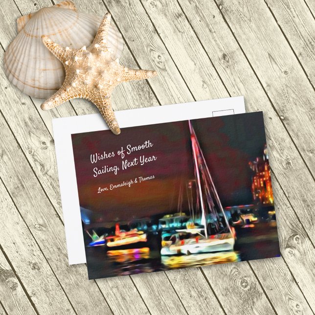 Wishes of Smooth Sailing Next Year Boats Lit Up Holiday Postcard (Creator Uploaded)