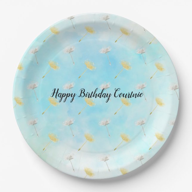 Wishes White Yellow Dandelion Flowers        Paper Plates (Front)