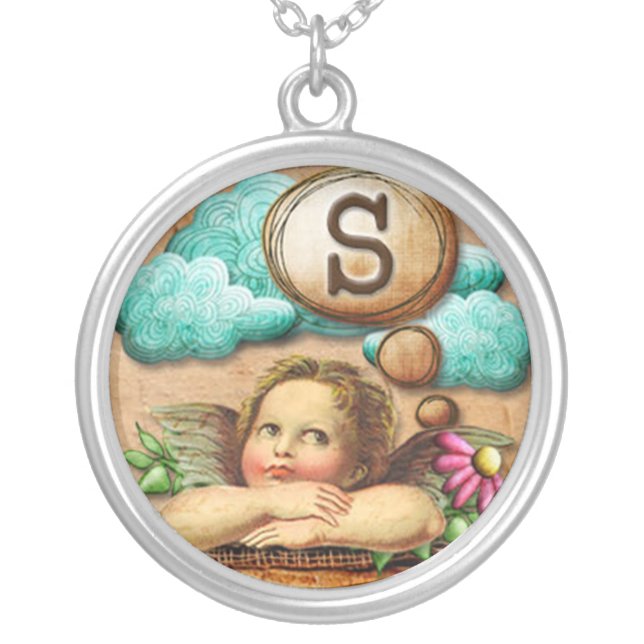 wishful thinking angel cherub initial letter S Silver Plated Necklace (Front)