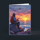 Wishing Dad a Happy Birthday | Fishing at Sunset Card<br><div class="desc">A sentimental Happy Birthday card for dad. A sweet illustration of a man sitting on boulders fishing at sunset.</div>