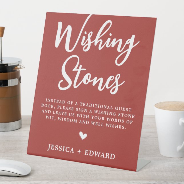 Wishing Stones Guestbook Minimalist Brown White Pedestal Sign (In SItu)