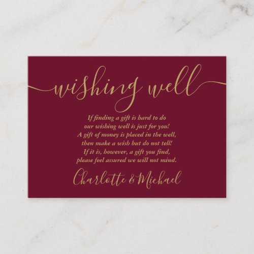 Wishing Well Burgundy And Gold Script Wedding Enclosure Card
