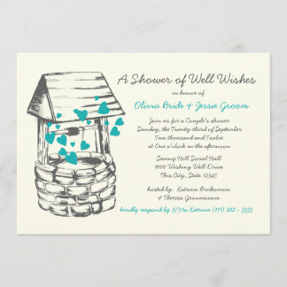 Wishing Well Couples Shower Turquoise Hearts Invitation