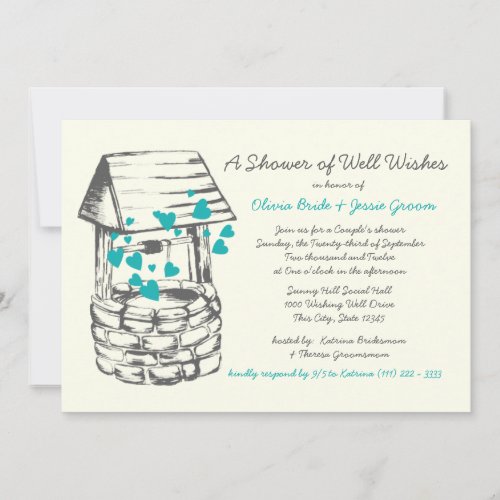 Wishing Well Couples Shower Turquoise Hearts Personalized Invite
