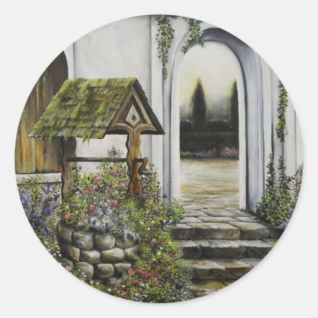 Wishing well garden ~Oil Painitng Classic Round Sticker (Front)