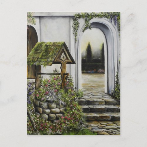 Wishing well garden Oil Painitng Postcard