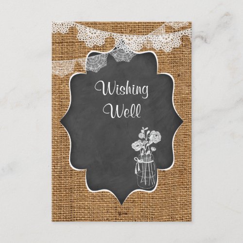 Wishing Well  Mason Jar Lace Burlap Chalkboard Enclosure Card